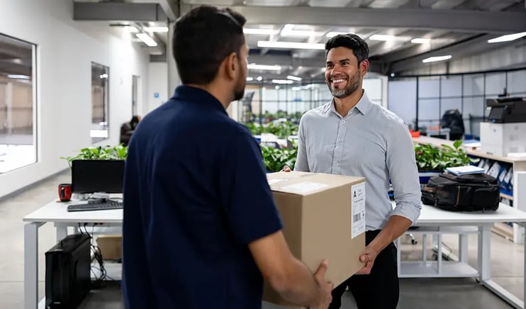 Two men lift a box together in an office