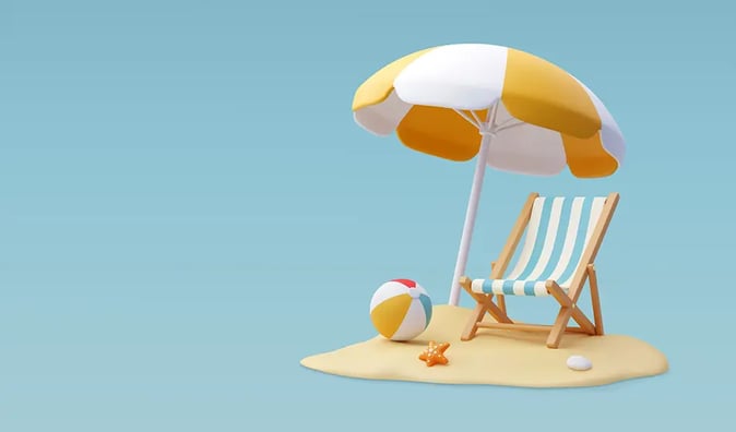 An animated image shows a deck chair, a parasol and a beach ball against a blue background 