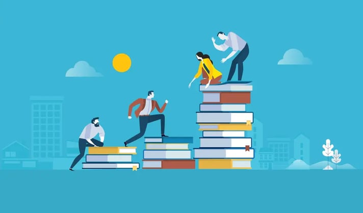 An animated image shows people helping each other climb piles of books to represent learning