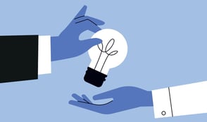 An abstract animated image shows two hands. One is passing a lightbulb to the other hand below. 