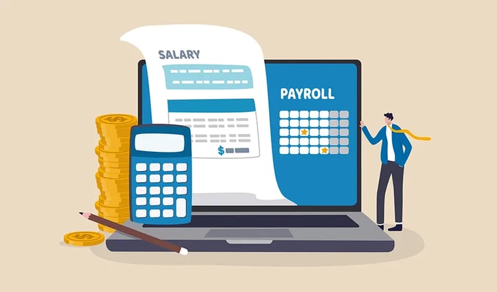 Animated image showing a laptop, calculator, coins and salary