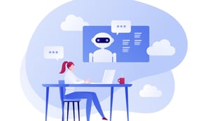 An animated image shows a woman sat at her desk with her laptop. A robot is shown in the clouds above, with a speech bubble. 