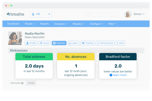 Employee's sickness dashboard showing absence for the year and bradford factor score