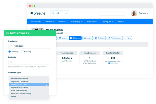 Overview of an employees sickness record with a pop up to add a new sickness