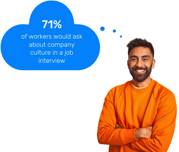 Smiling man with a blue cloud containing a stat about company culture in interviews