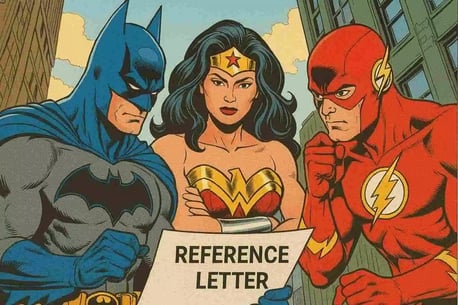 Comic-style illustration of Batman, The Flash, and Wonder Woman reviewing a reference letter together, symbolising the importance of teamwork, diligence, and reference checks during the hiring process.