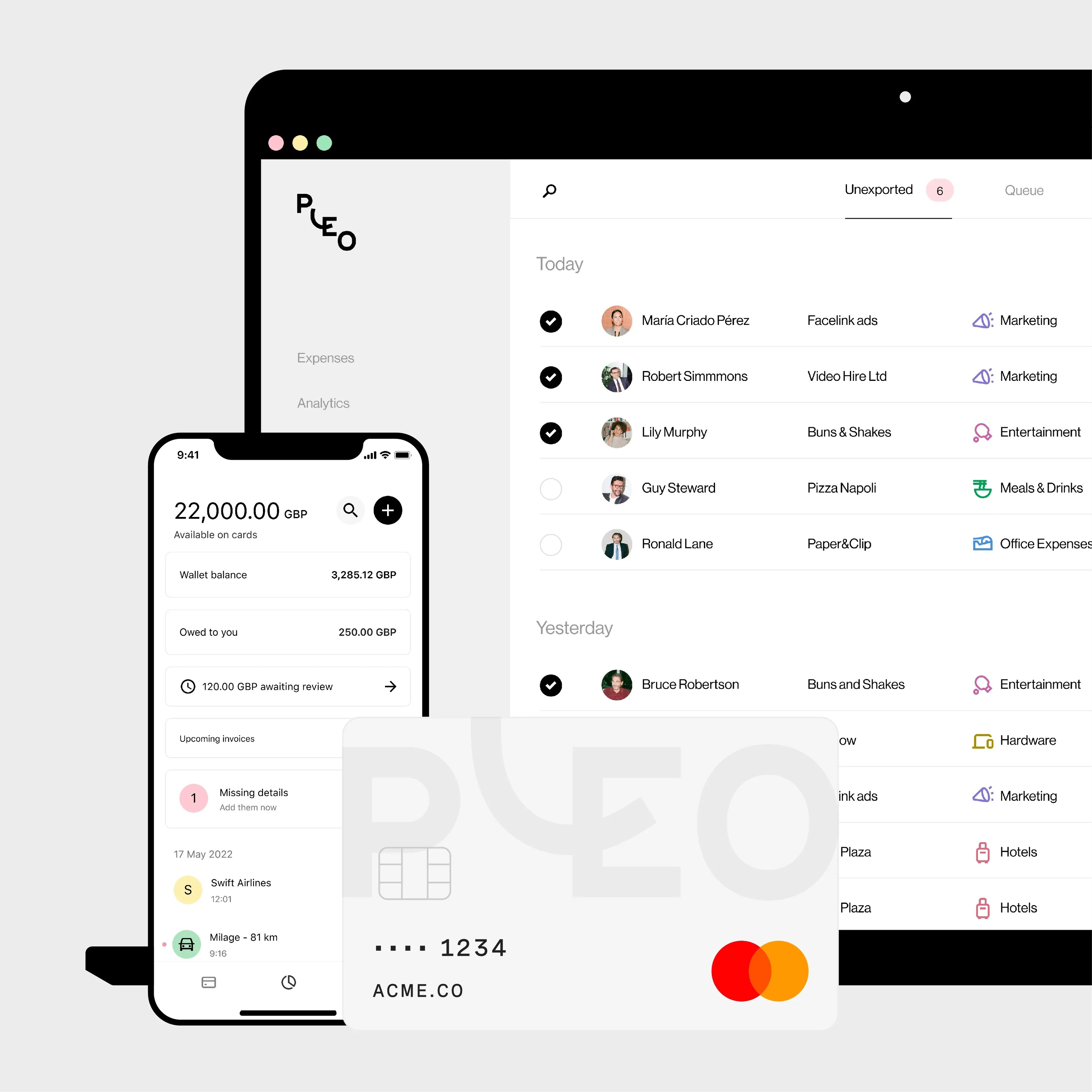 Pleo's expense management system displayed on a laptop, showing unexported expenses with details like user, merchant, and category. The mobile app shows a card balance and transaction history. A Pleo card is in the foreground.