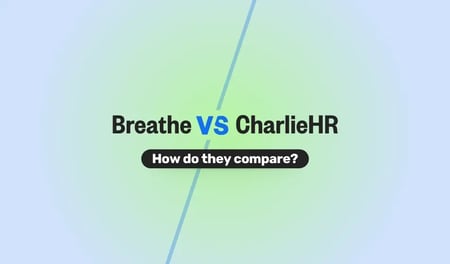 Graphic comparing Breathe and CharlieHR with the text ‘Breathe VS CharlieHR’ in bold, split diagonally across a soft gradient background. Below the main title is a rounded black label with white text that reads ‘How do they compare?’.