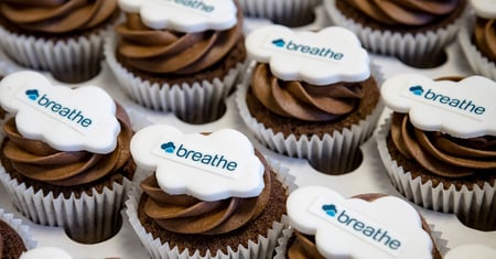 An image of several chocolate cupcakes with swirling chocolate icing. Each cupcake is topped with a cloud shaped Breathe logo.