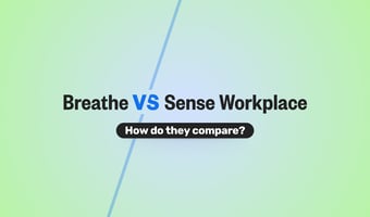 A visual comparison graphic showing ‘Breathe vs Sense Workplace’ with the subtitle ‘How do they compare?’ on a green and blue gradient background, showcasing a side-by-side HR software evaluation.