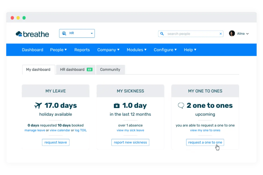 Breathe personal dashboard showing leave allowance, sickness summary and upcoming one to ones