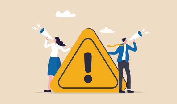 Vector image showing a yellow warning sign, with two people making an announcement with megaphones