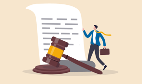 An animated picture is shown of a man with a briefcase next to a larger-than-life document next to a legal gavel.