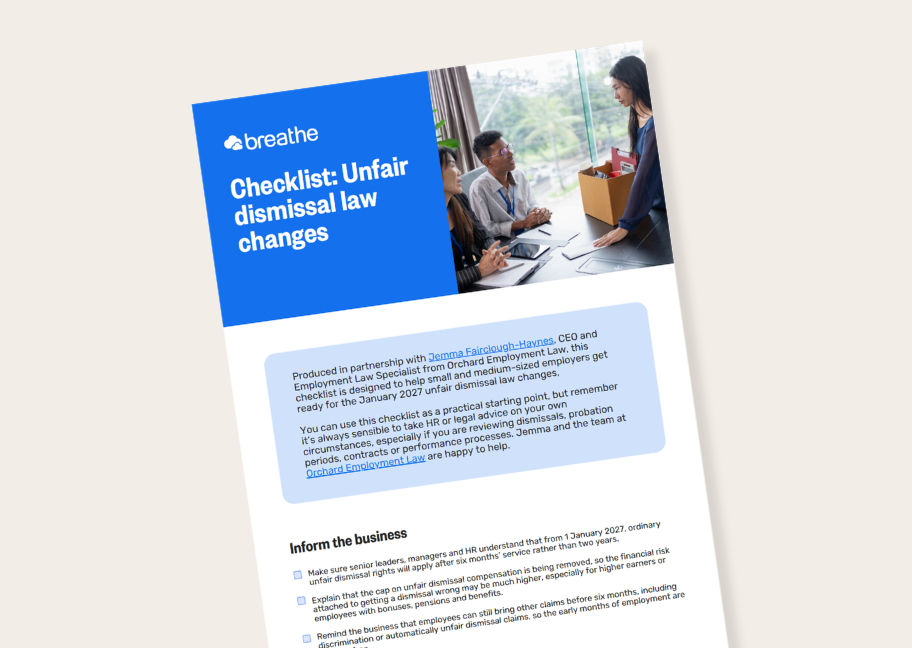January 2027 unfair dismissal law changes checklist, produced by Breathe HR and Orchard Employment Law on a beige background. 