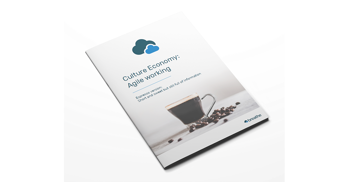 An image of Breathe's Culture Economy: Agile Working guide. The guide aims to help boost productivity, retention and customer satisfaction in an SME whilst improving competitive advantage, too. The guide has an image of a cup of coffee surrounded by coffee beans on it.