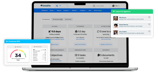 Laptop greyed out laptop showing Breathe's employee dashboard with 2 pop ups showing leave to approve and the employee NPS feature