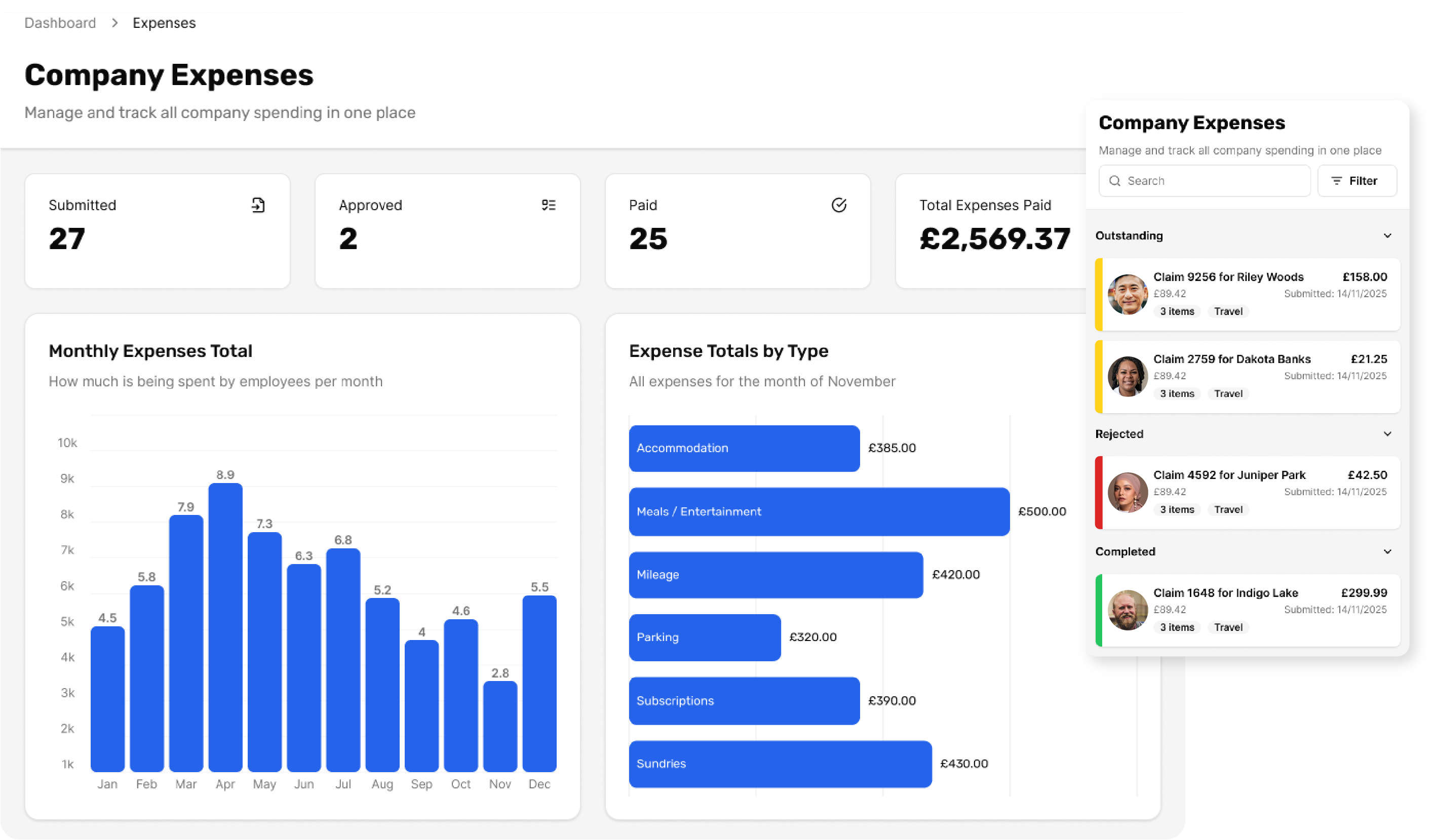 Breathe Expenses dashboard showing company expenses
