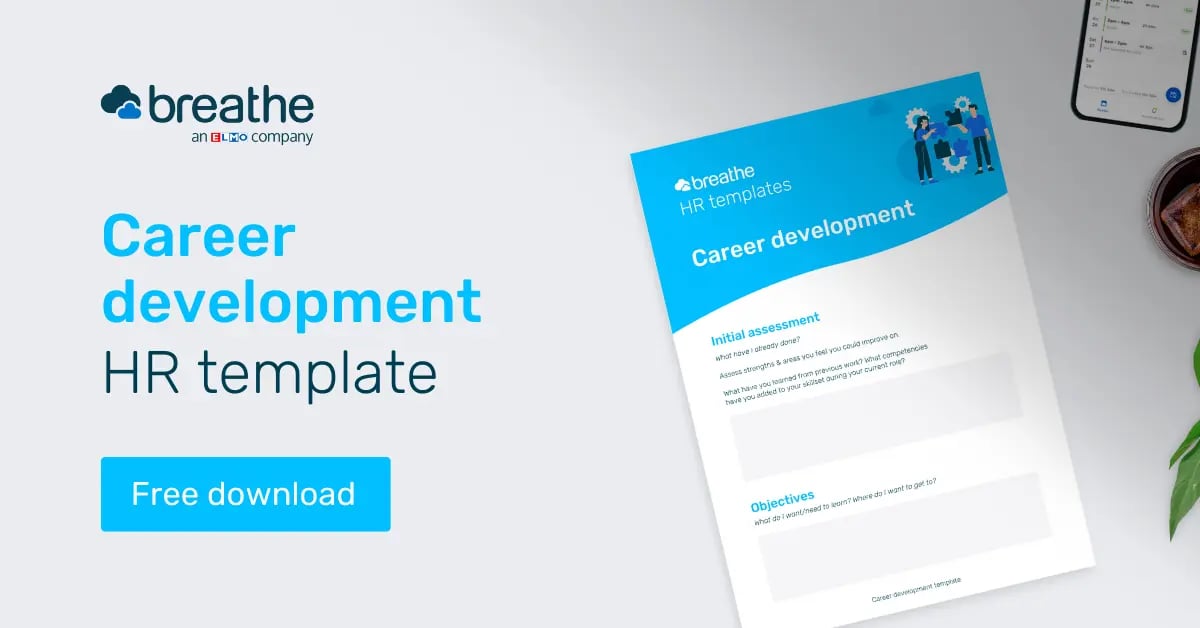 Breathe Career development HR template - Template is shown as a document on a desk with a free download button shown.