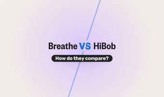 Graphic showing a comparison between Breathe and HiBob HR software, with the text “Breathe vs HiBob – How do they compare?” set against a soft purple gradient background, divided by a diagonal line.