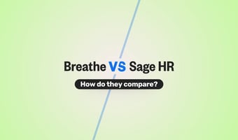 Comparison graphic for Sage HR vs Breathe HR software. The image has a light green gradient background with bold black text in the centre reading ‘Breathe VS Sage HR - How do they compare?’. A diagonal line visually separates the two product names, highlighting a head-to-head comparison between the two HR software platforms.