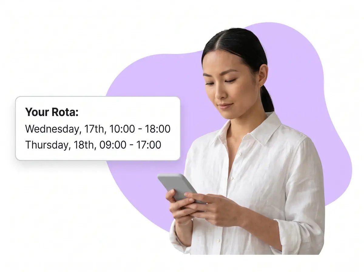 Woman checks her phone beside a rota card listing Wednesday 17th, 10:00–18:00, and Thursday 18th, 09:00–17:00.