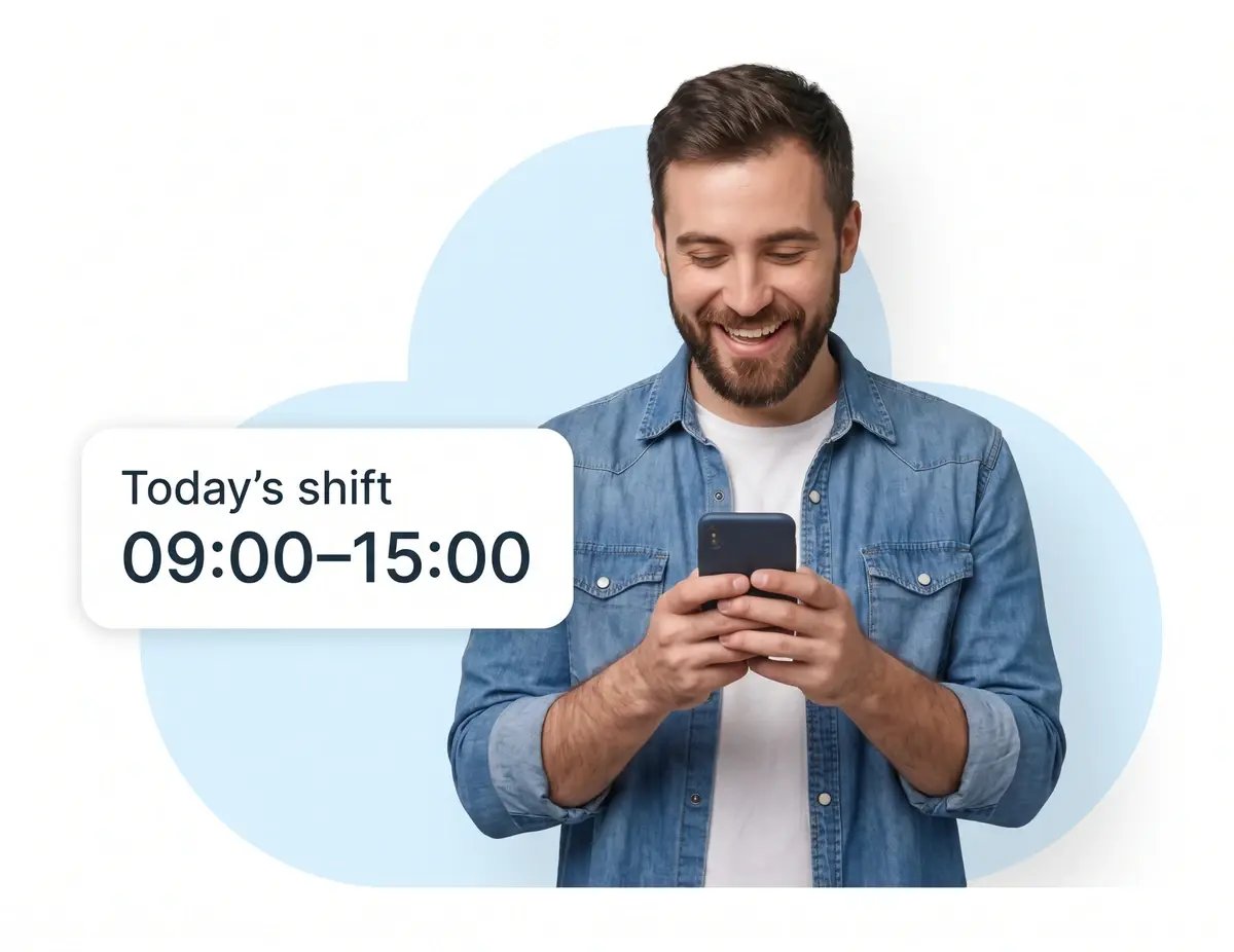 Smiling man checks his phone beside a card showing today’s shift, 09:00–15:00