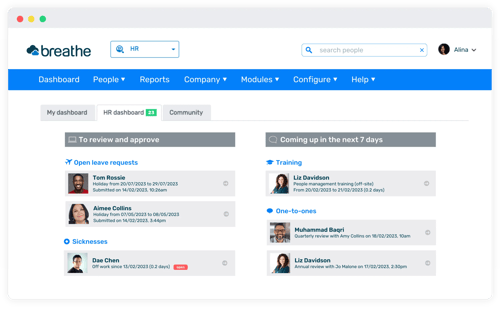 Breathe's HR Dashboard showing the HR user what tasks they need to complete and what's coming up in the next 7 days in their team