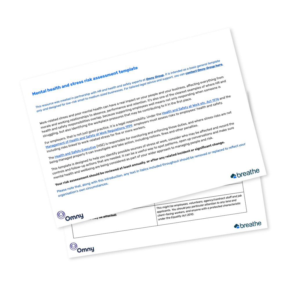 Mental health and stress risk assessment template, produced by Breathe HR and Omny Group