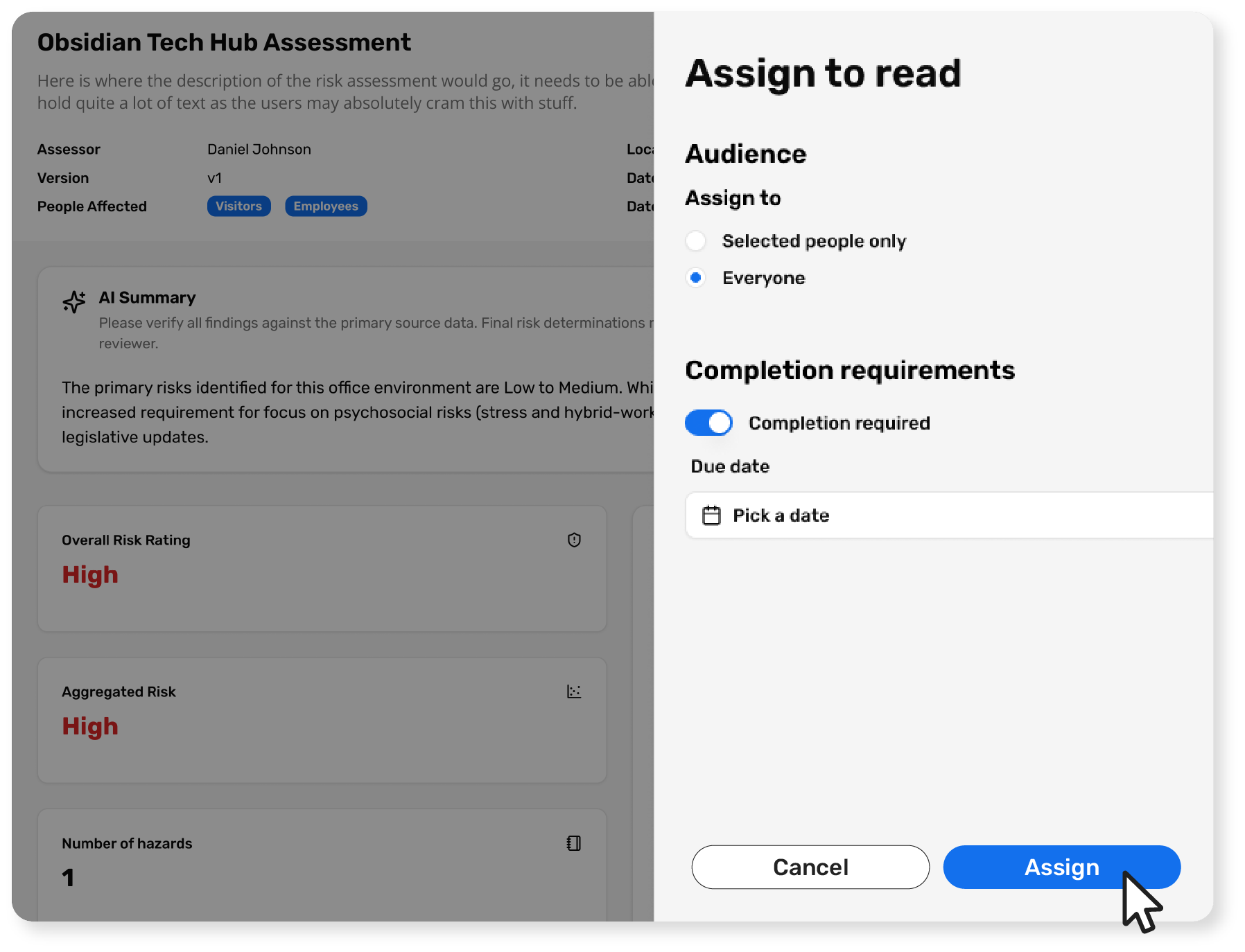 Breathe Health and Safety screen showing a side panel where you can assign a risk assessment for people to read and set a due date.