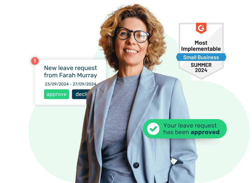 Mature business woman in grey blazer smiling with Breathe UI holiday pop ups
