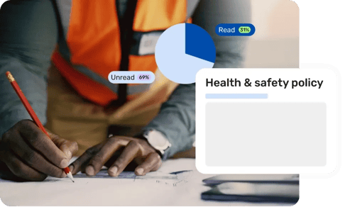 Man drawing up blueprints alongside Breathe UI showing a health ans safety policy with read requirements and graphs