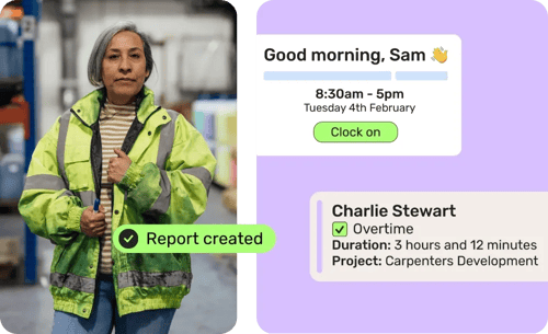 Female construction worker in warehouse alongside Breathe stylised UI showing a clock in to shift notification and a time log showing someone's overtime worked on a project.