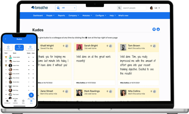 A laptop and phone are side by side, displaying Breathe's HR software functionality, displaying the kudos employee recognition tool.