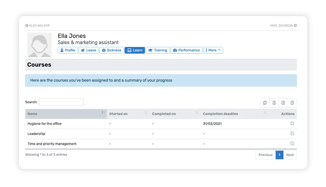 Breathe's HR software interface showing the learn tab within Ella Jones' profile and the courses she has been assigned