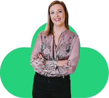 Lizzie Benton with arms crossed smiling at the camera with a green cloud in the background.