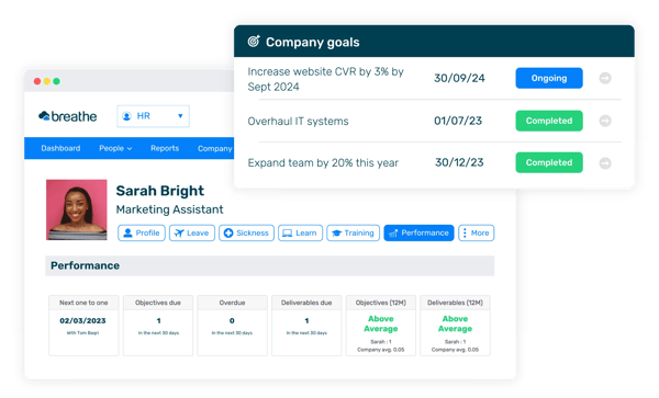 Employee's profile showing their performance and objectives linking to company goals