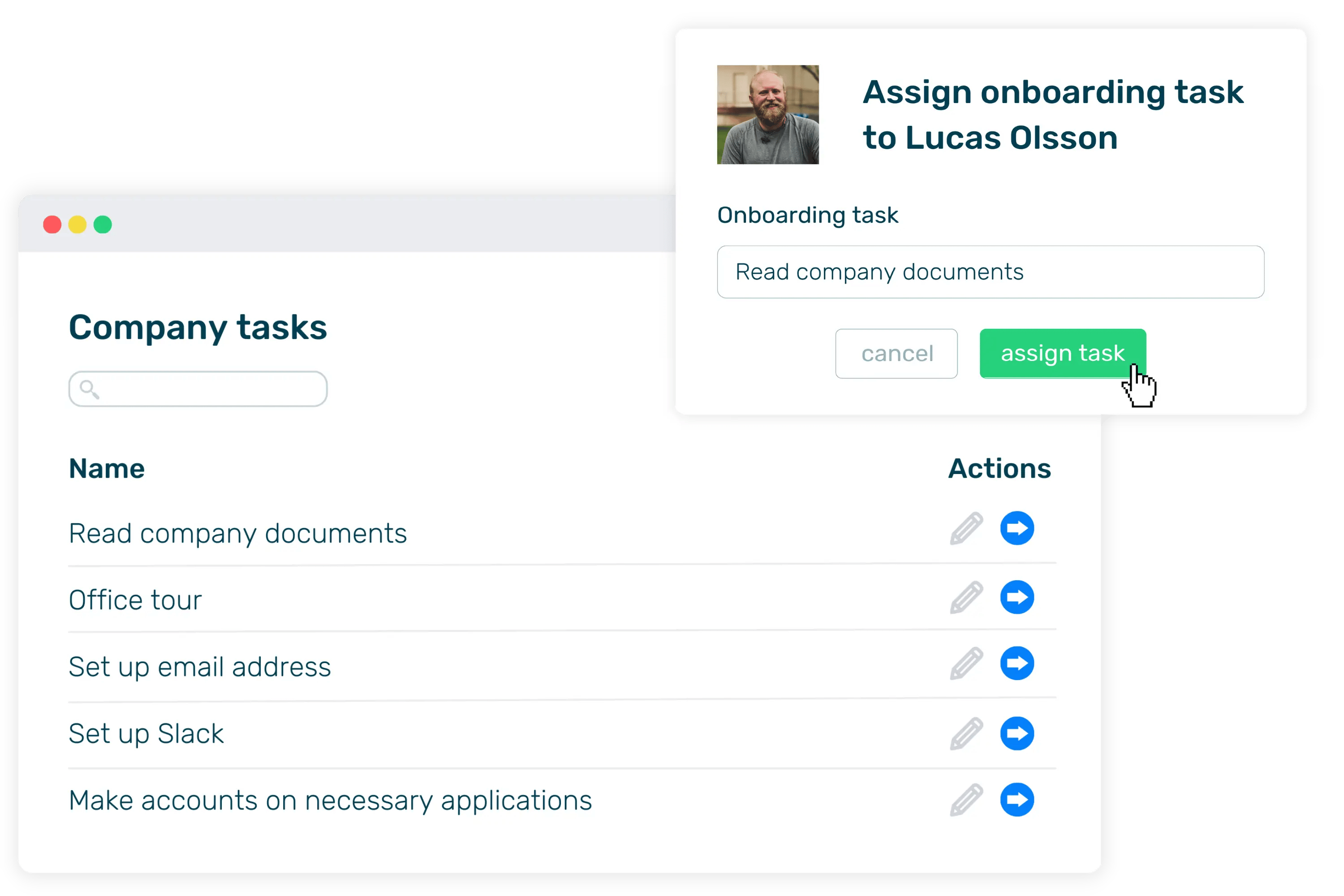 Breathe's onboarding tasks module showing a list of company tasks and a pop up showing someone being assigned to a task