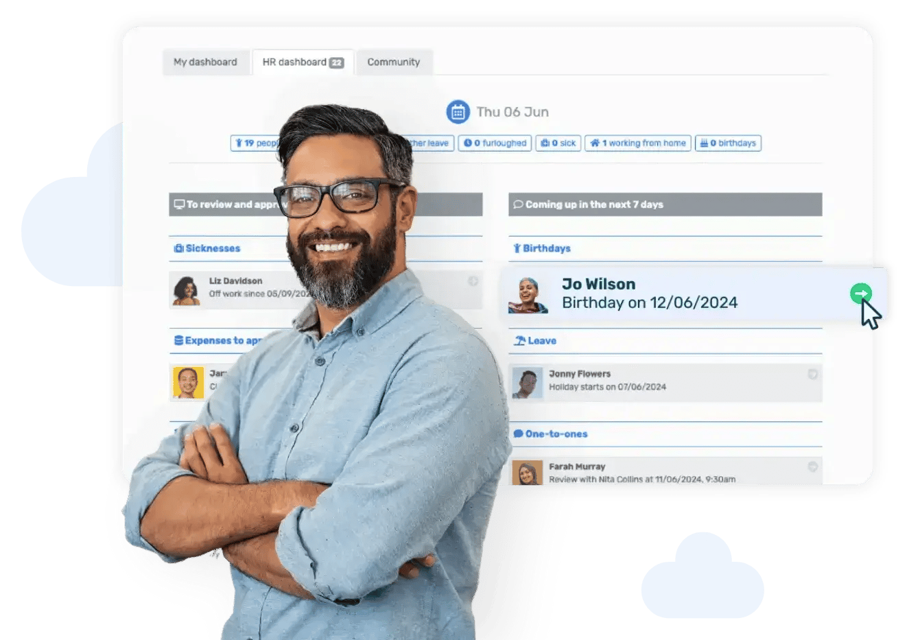 Male standing with his arms crossed smiling in front of the Breathe software dashboard