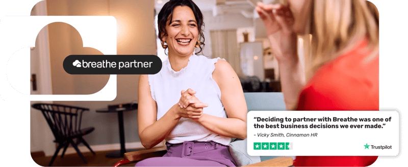 HR Consultants talking with Breathe Partner logo next to them and a review about the Partner programme 