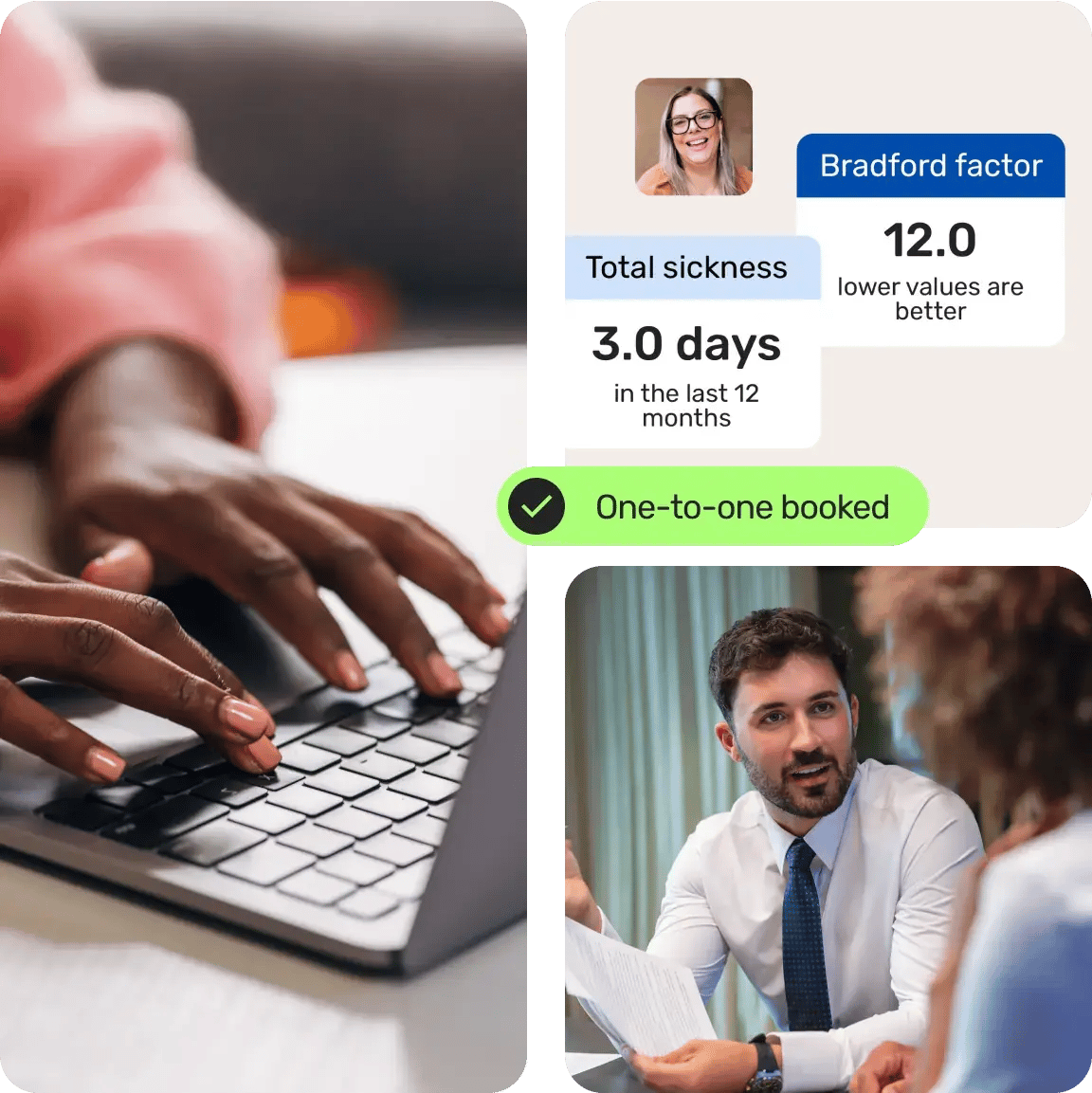 Image representing elements from the breathe product, a guy in a shirt an tie talking to a lady.