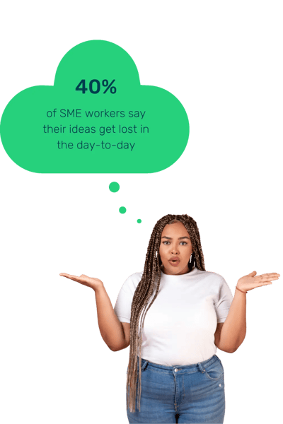 Lady in jeans and a white t-shirt holding her hands out to the side and looking confused with a green cloud floating above her containing a stat