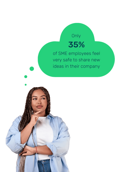 Lady with braids in a smart blue shirt looking thoughtful as a green cloud floats above her containing a stat about SME employees