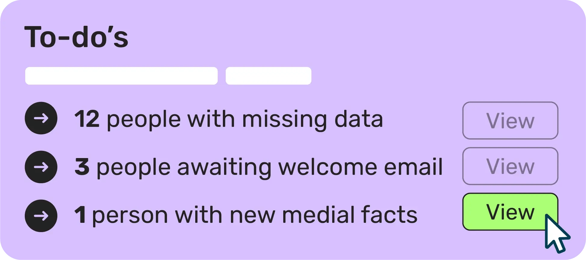 Dashboard interface with a "To-do’s" list on a purple background. The list includes three items: “12 people with missing data,” “3 people awaiting welcome email,” and “1 person with new medial facts.” Each item has a “View” button next to it. The third “View” button is highlighted in green, with a cursor pointing to it.