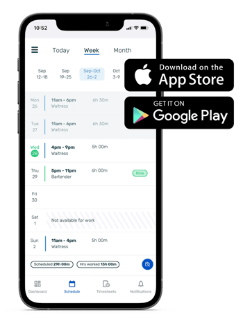 black iphone displaying shifts with options to download the app via the app store or google play