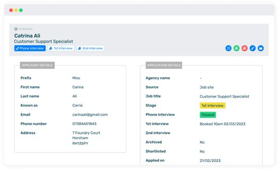 Recruitment module showing job applicant details