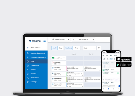 Laptop and mobile showing Rota, Time & Attendance features