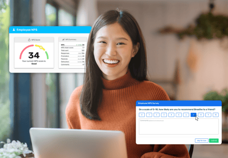 Photo of engaged employee with pop ups of NPS survey and report