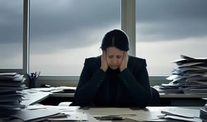 Woman with her head in her hands, sitting at an office desk surrounded by paperwork. She looks sad, like she is grieving. There is a window behind her with grey clouds.