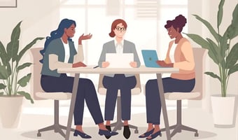 Illustration of three women having a business meeting around a table in a bright office, discussing documents and using a laptop, with large green plants in the background.