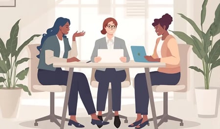 Illustration of three women having a business meeting around a table in a bright office, discussing documents and using a laptop, with large green plants in the background.